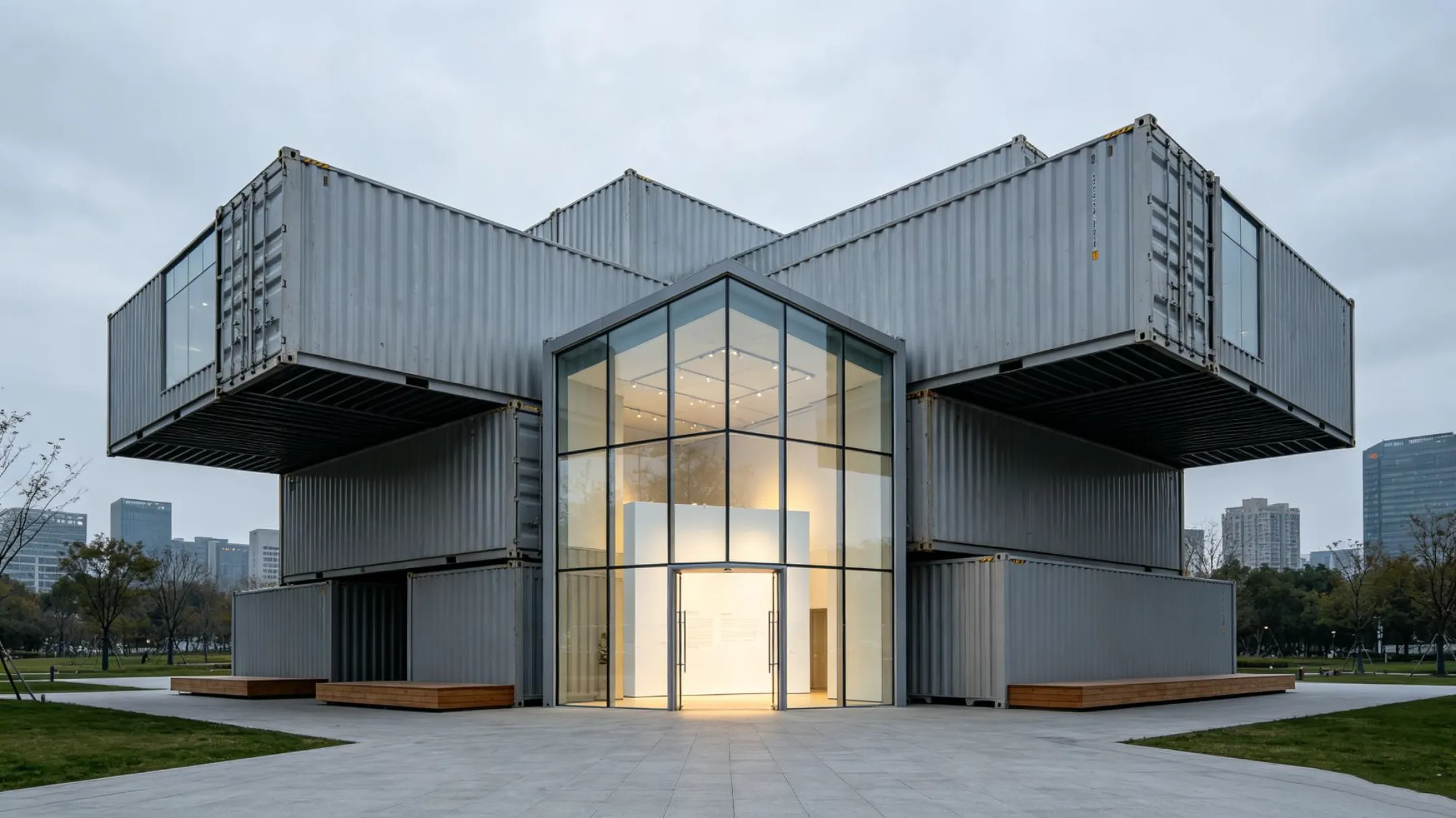 Bouw van een containertentoonstellingshal